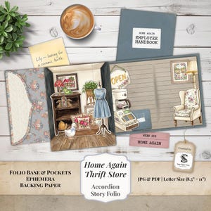 May include: A digital craft kit featuring a Home Again Thrift Store accordion story folio, including a blue employee handbook, a yellow note, a floral envelope, and various illustrated ephemera like a cash register, chair, and dress.