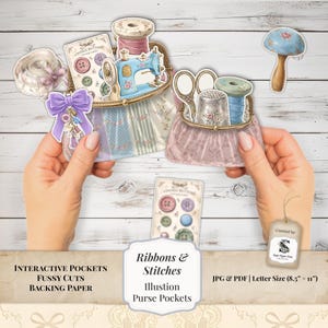 May include: Two paper die-cut purses featuring sewing motifs, including a blue sewing machine, a spool of pink thread, a silver thimble, scissors, and a purple bow. The set includes vintage button cards, a measuring tape, and a mushroom illustration.