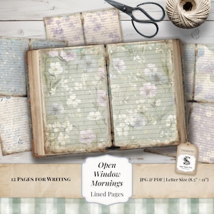 May include: An open vintage-style journal with lined pages and floral patterns. The journal is surrounded by loose pages, scissors, and twine. The text on the image reads "Open Window Mornings" and "12 Pages for Writing". The paper size is 8.5" x 11".