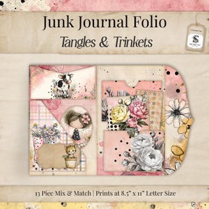 Może przedstawiać: Junk Journal Folio zatytułowane "Tangles & Trinkets" z różowo-kremową kolorystyką. Dziennik zawiera ilustracje krowy, kwiatów i dziewczynki. Widoczny jest również tekst "13 Piece Mix & Match | Prints at 21,6 cm x 27,9 cm Letter Size".