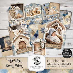 May include: A collection of paper cutouts with a religious theme, featuring illustrations of the nativity scene, angels, and biblical figures. The color palette includes blues, browns, and whites. Text includes "Wise Men Seek Him" and "Unto Us, A Child Is Born".