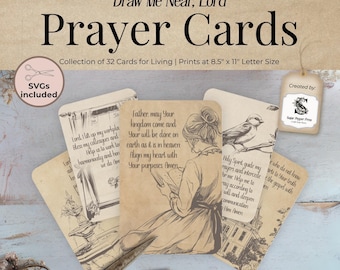 May include: A collection of prayer cards with the text "Draw Me Near, Lord" and "Prayer Cards." The cards feature illustrations and text, with a vintage aesthetic. The set includes 32 cards for living, printed at 8.5" x 11" letter size.