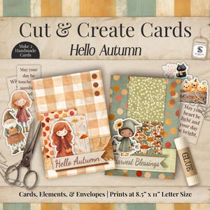May include: Two handmade cards with autumn designs. One card features a gingham pattern and the text "Hello Autumn." The other card has a floral pattern and the text "Harvest Blessings." The image includes decorative elements like paper dolls, scissors, and glue.