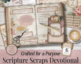 May include: A pink and white digital printable devotional kit with the title "Crafted for a Purpose Scripture Scraps Devotional". The kit includes 18 days of Bible study and prints on 8.5 x 11 inch paper.