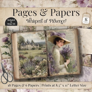Può includere: Kit di carta digitale in stile vintage, "Pages & Papers: Whispers of Provence". L'immagine presenta un libro aperto con illustrazioni di una donna con lavanda e un castello francese. Include 18 pagine e 6 fogli, stampe in formato lettera 21,6 x 27,9 cm.