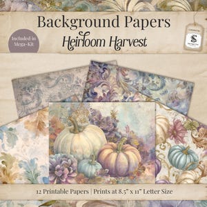 Puede incluir: Una colección de 12 papeles de fondo imprimibles con el tema "Heirloom Harvest". Los papeles presentan ilustraciones de acuarela de calabazas, flores y patrones ornamentados. Cada impresión mide 21,6 x 27,9 cm, perfecta para diversos proyectos de manualidades.