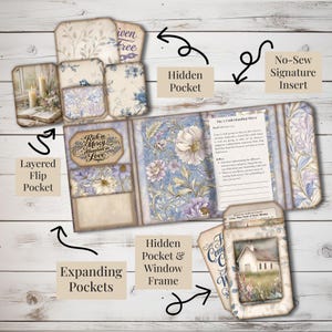 May include: A handmade journal with a floral design in shades of blue, purple, and cream. Features layered flip pockets, hidden pockets, and expanding pockets. Includes a no-sew signature insert and a window frame.