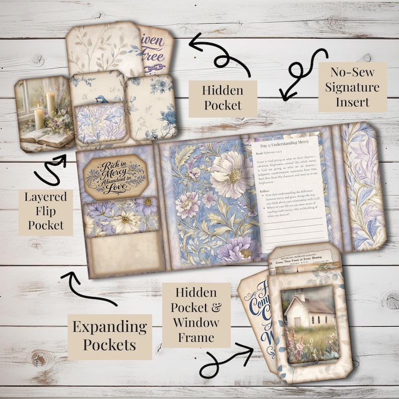 May include: A handmade journal with a floral design in shades of blue, purple, and cream. Features layered flip pockets, hidden pockets, and expanding pockets. Includes a no-sew signature insert and a window frame.