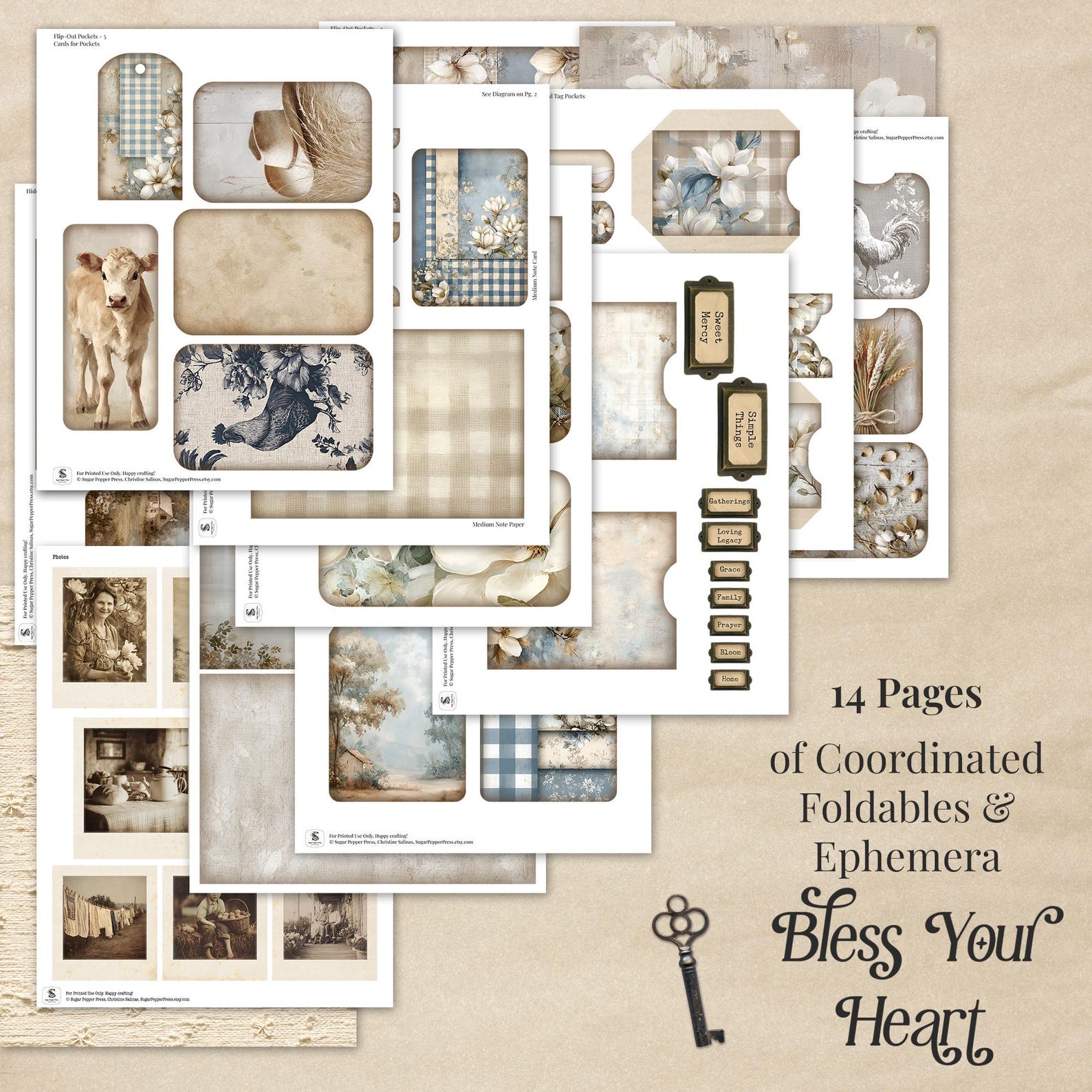 Farmhouse Junk Journal Ephemera, Shabby Chic Country Interactive ...