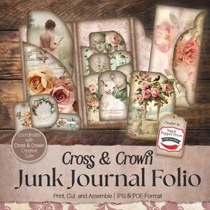 May include: A printable junk journal folio kit with a floral theme. The kit includes a variety of pages, tags, and embellishments. The kit is designed to be printed, cut, and assembled into a unique journal.