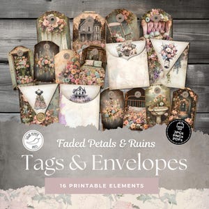 Opuszczony dom śmieci dziennik tagi koperty wyblakłe płatki i ruiny | cyfrowy natychmiastowy vintage shabby chic kwiatowy zniszczony gotyk SP022