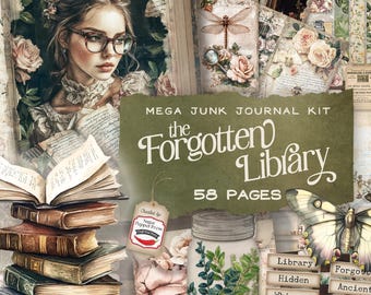 May include: A digital collage kit for junk journals with a vintage aesthetic. The kit includes 58 pages of images featuring a woman with glasses, books, flowers, butterflies, and text that reads "The Forgotten Library".