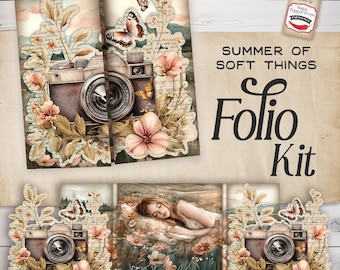 May include: A digital scrapbooking kit with a vintage camera, flowers, and a sleeping woman in a field. The kit is titled "Summer of Soft Things Folio Kit" and is designed by "Sugar Paper Press".