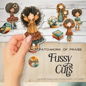 Puede incluir: Un conjunto de 47 pegatinas recortadas con ilustraciones en acuarela de niñas, pájaros, flores y libros. Las pegatinas tienen una estética vintage con el texto "Patchwork of Praise" y "Fussy Cuts". Las impresiones son en papel tamaño carta (21,6 cm x 27,9 cm).