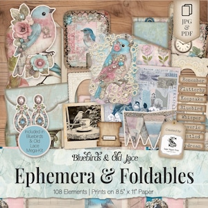 Bluebird Junk Journal Kit Ephemera & Pockets, Shabby Chic Victorian Floral Pastel Tags, Envelopes, Cards, Fussy Cuts, Vintage Lace PDF SP065
