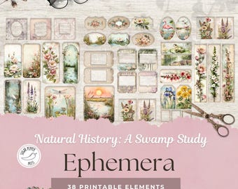 Ephemera Naturgeschichte Sumpf, Vintage Botanische Wildtier Collage, Textur erdiges, ruhiges Design für Junk Journal, Digital Printable, SP009