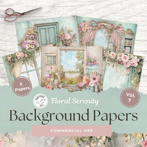 以下が含まれることがあります： 窓とドアのある花柄のデザインが施されたデジタルスクラップブッキングペーパー5枚。このペーパーは、シュガーペッパープレスの「フローラルセレニティ」コレクション、第7巻の一部です。このペーパーは商用利用可能です。