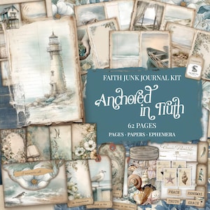 May include: A Faith Junk Journal Kit with a vintage aesthetic. The kit includes 62 pages of papers and ephemera, featuring illustrations of a lighthouse, seashells, and floral elements. The text "Anchored in Truth" is displayed prominently.