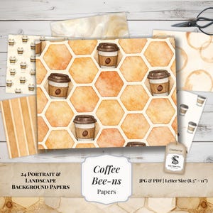 May include: A collection of watercolor background papers with coffee and bee-themed designs. The papers feature patterns of coffee cups, honeycombs, and stripes in shades of brown, beige, and cream. The papers are letter size, 8.5" x 11", and available in JPG and PDF formats.