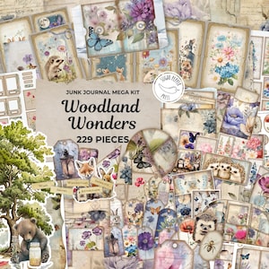 Lot de méga-kits Woodland Junk Journal | 229 pièces | Étiquettes simples à découper Enveloppes Ephémères | vintage, animaux fantaisistes, amis de la forêt | SP001