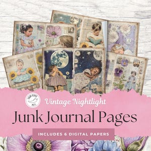 Junk Journal Seiten | Baby Wildblumen Vintage Nachtlicht 6 Digi Papiere | Verträumte Kinder Blau Lila Pink | Mond Wunderkind SP005