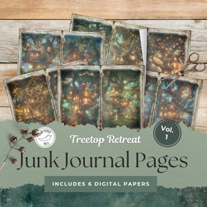 Treehouse Junk Journal Kit Pages Vol. 1 | 6 digitale papers | Grillige salie groene nacht blauwe boomtop vuurvliegjes vintage oude boom |  SP006