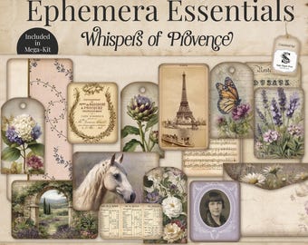 May include: A collection of vintage-style tags, pockets, and cards with floral, botanical, and architectural designs. The designs include images of a horse, the Eiffel Tower, and a portrait. The text "Ephemera Essentials" and "Whispers of Provence" are displayed.