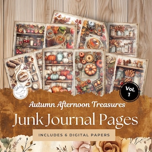 Autumn Afternoon Treasures Junk Journal Pages Vol 1 | Gabinete de Curiosidades, Cozy Fall Scrapbook, Abóboras, Maçãs, Artesanato de Colheita SP026