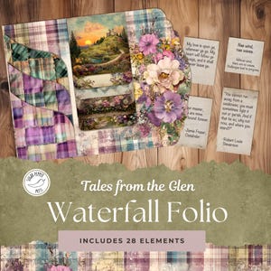 May include: A digital collage kit with 28 elements featuring a watercolour style landscape with a waterfall, a path, and a castle in the distance. The kit also includes floral elements, plaid patterns, and quotes. The title "Tales from the Glen Waterfall Folio" is displayed at the bottom of the image.
