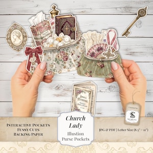 May include: A set of paper ephemera featuring two floral purses, a cameo, a key, and a small hymnal. The purses contain illustrations of tissues, a book with a cross, a fan, and a cross pendant. Text includes Elegant Tissues, Small Hymnal, and Church Lady.