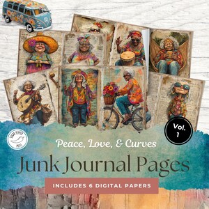 Pagine di diario di vecchie signore hippie Peace Love Curves Vol. 1 / Groovy Women Retro Afro American Paper Boho Scrapbook Kit Ephemera SP018