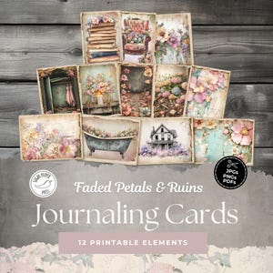 Opuszczony dom Junk Journal Cards Faded Petals & Ruins | Vintage Shabby Chic Floral Distressed Halloween Gothic Printable Card SP022