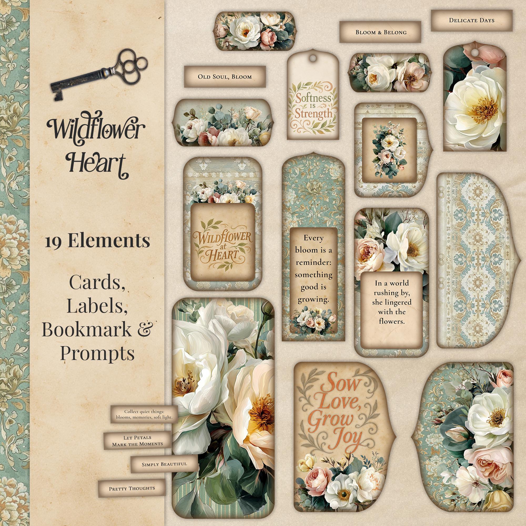 印刷可能な花柄ヴィンテージフォリオ、ワイルドフラワージャンク