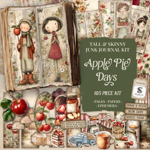 Peut inclure: Un collage d'illustrations et d'éphéméras de style vintage, comprenant un grand livre ouvert avec des dessins d'enfants tenant des pommes. Le texte indique "Apple Pie Days" et "105 Piece Kit". D'autres éléments incluent des pommes, un camion et un panier.