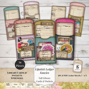 Peut inclure: Ensemble de 54 cartes et pochettes de bibliothèque de style vintage, avec des motifs floraux et botaniques. Les cartes ont un aspect vieilli avec des détails manuscrits et des éléments décoratifs.