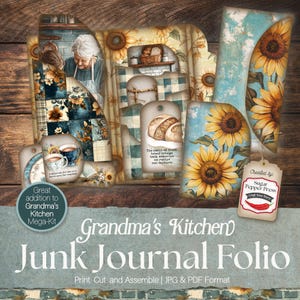 Kit de diário de culinária Junk Folio, páginas para impressão de receitas da vovó, álbum de recortes de cozinha vintage, misture e combine, PDF JPG, Shabby Chic Rustic SP055