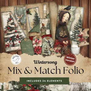 Colagem de Natal Wintersong Junk Journal Folio, itens vintage para festas, rústico e chique, kit para impressão de artesanato