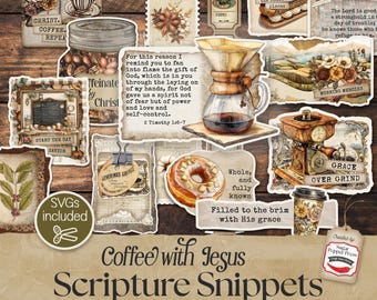 Scripture Scraps Junk Journal Ephemera | Coffee Chic Printable, Jesus Faith Bible Verse, Vintage Christian Snippets, Faith-Based Kit SP048