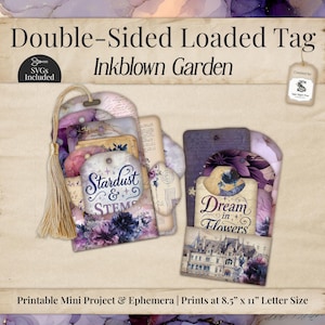 Kit tascabile Loaded Tag per diari spazzatura, download digitale, esemplare di fiore scuro grunge, lilla, lavanda, verde acqua, viola, effetto consumato, SVG stampabile