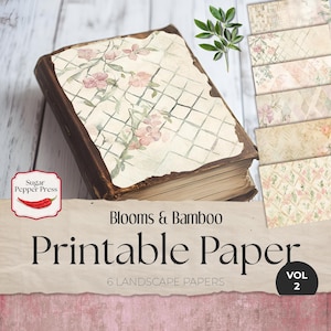 Kit digital de diario basura japonés, papel floral con flores de cerezo, álbum de recortes de bambú, paisaje imprimible para manualidades y tarjetas SP040