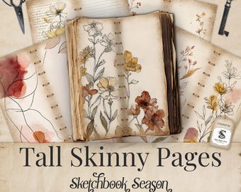 Fall Minimalist Floral Tall Skinny Junk Journal Pages Kit, Sleek Modern Slim Portrait Autumn Flowers Papers Download Scrapbook Craft SP104