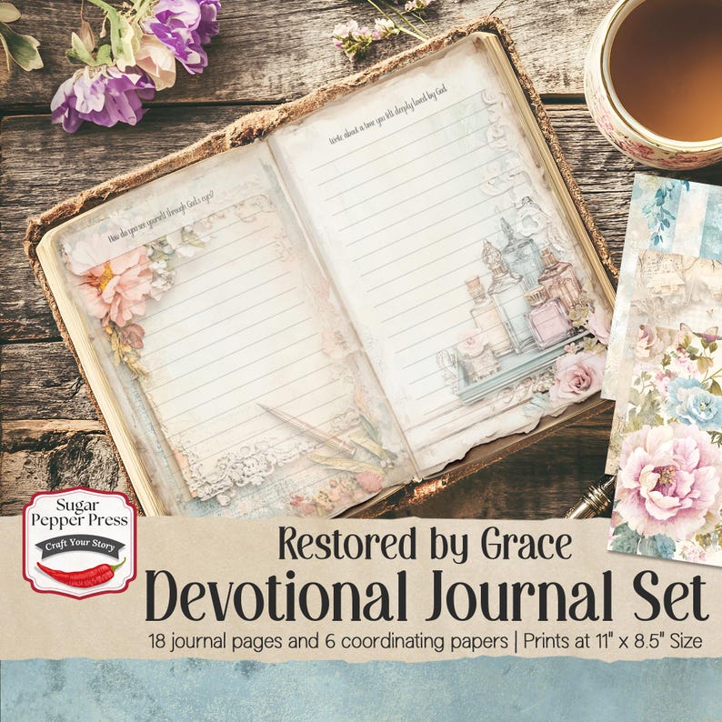 Restored by Grace Devotional Journal Set - 18 journal pages and 6 coordinated papers