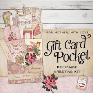 Diario tascabile per la festa della mamma, porta carte regalo vittoriano rosa e rosso, biglietti d'auguri con etichetta carica, busta stampabile vintage GC001