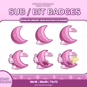 Twitch Sub Badges / Bit Badges / Pink Sparkling Crescent Moon Shooting Star Badge Set / Pastel / Streamer / Cloud / Pink