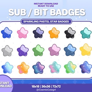 Star Twitch Sub Badges / Bit Badges / Sparkling Pastel Star Badge Set / Pastel / Streamer / Cloud / Blue / Pink / Purple / Gradient/ 18