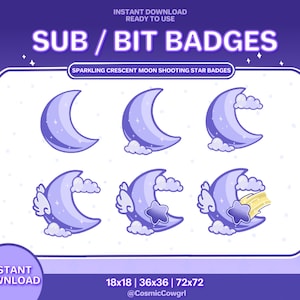 Twitch Sub Badges / Bit Badges / Purple Sparkling Crescent Moon Shooting Star Badge Set / Pastel / Streamer / Cloud / Purple