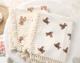 Couverture de bébé en coton carrés de mousseline d'ours mignon pour couverture d'emmaillotage pour bébé à carreaux nouveau-né accessoires pour bébés couette de lit, couleur unie pastel