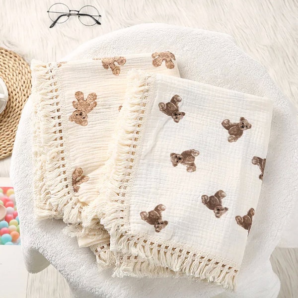Couverture de bébé en coton, carrés de mousseline, ours mignon pour nouveau-né à carreaux, couverture à emmailloter, accessoires pour bébés Couette de lit, couleur unie pastel