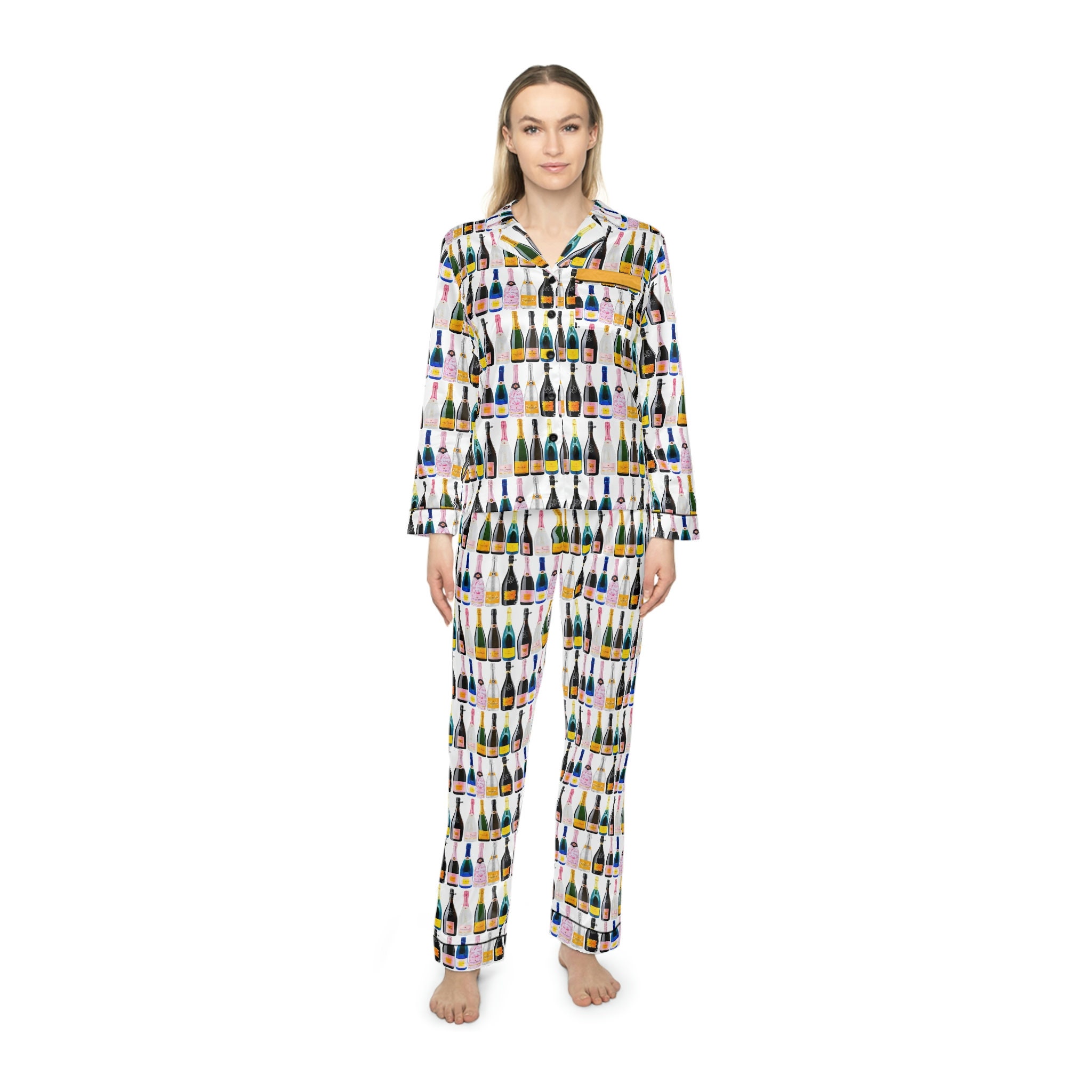 Champagne Bottle Print Satin Silky Pajama Pants Set