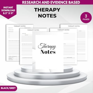 Puede incluir: Tres páginas imprimibles de notas de terapia, diseñadas para que los terapeutas registren la información de los clientes. Las páginas son blancas con texto negro y líneas. El título "Notas de terapia" está escrito en una fuente decorativa.